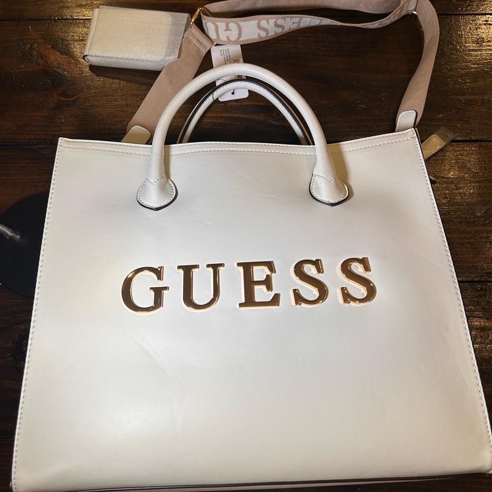 GUESS Cream Tote with Gold Accents